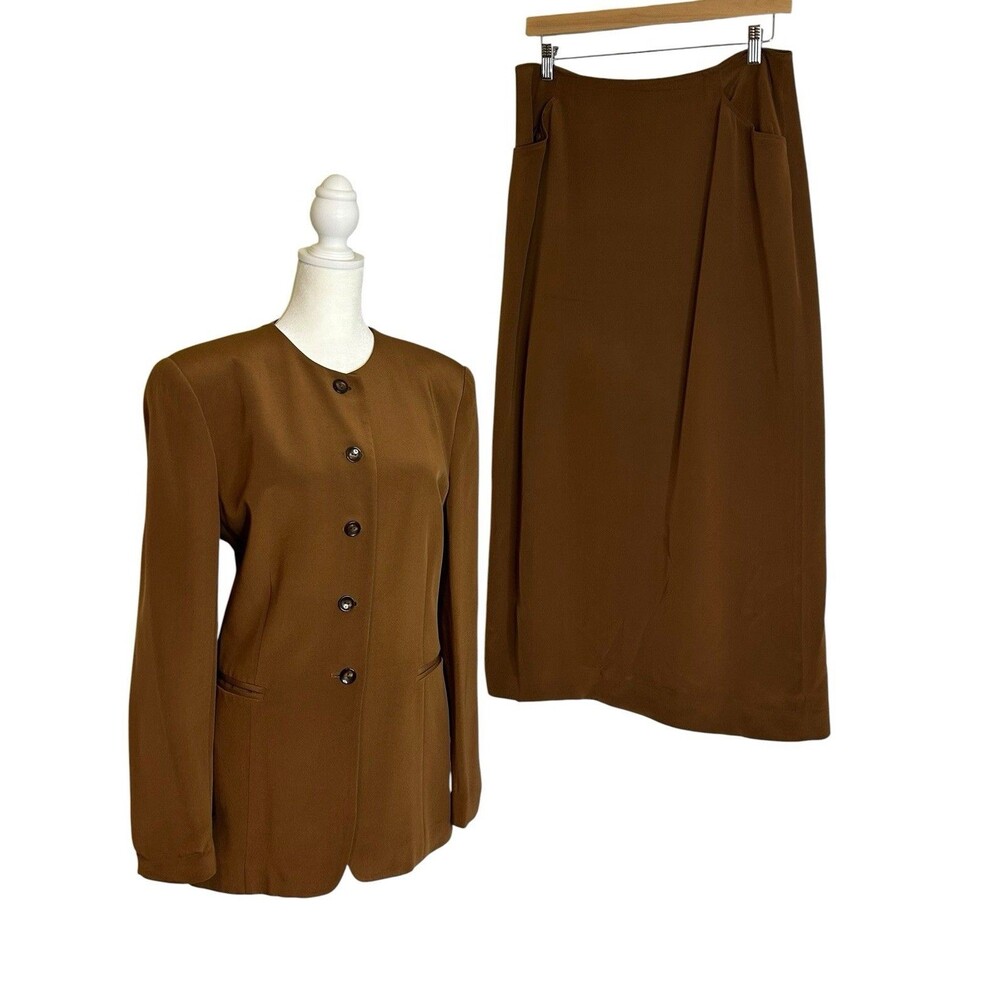 Jones NY 100% Silk Womens 2-Pc Skirt Suit Brown Sz 10/12 Midi Long Skirt Blazer